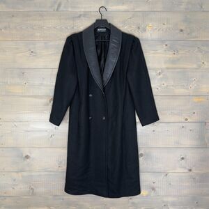 Vintage Jofeld Black Wool Blend Overcoat w/ Leather Lapel Fits Women's L - XL
